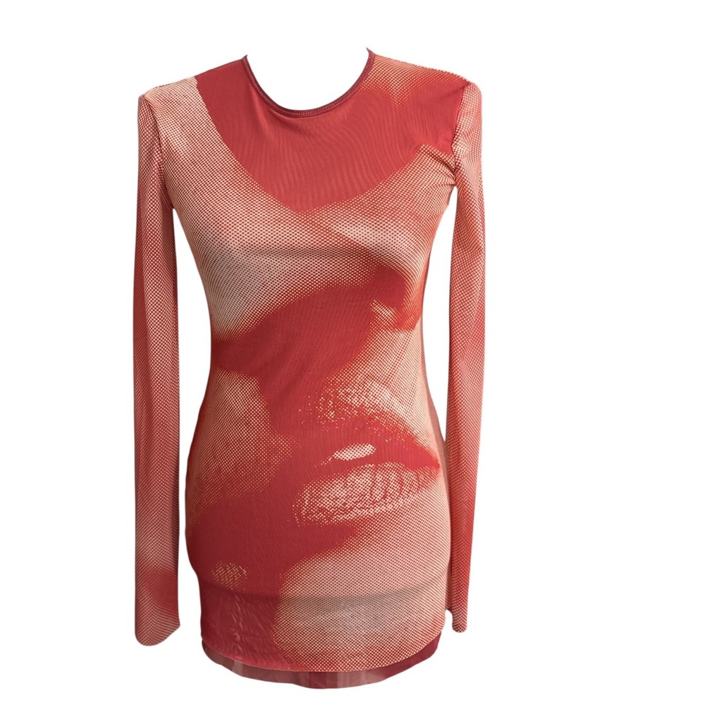 NWOT Red Mesh Graphic Face Print Long‎ Sleeve Sheer Top Size Small
